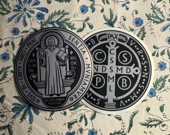 4 inch kiss cut Saint Benedict medal sticker, Cross of Saint Benedict, catholic sticker, catholic saint sticker, Silver and black