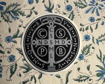 4 inch Saint Benedict medal sticker, Cross of Saint Benedict, catholic sticker, catholic saint sticker, Silver and black