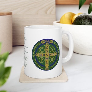 Saint Benedict Medal Coffee Mug with blue, green and gold artwork, catholic coffee mug, Catholic Army, patriot, 15oz options