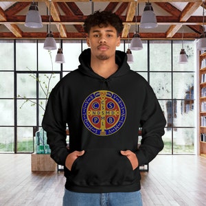 Saint Benedict Cross Catholic Hoodie with red and gold on blue sea design, Catholic Marine, USMC, Gildan 18500 Unisex