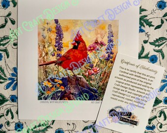 Watercolor Cardinal with Wildflowers unframed art print, multiple sizes, memorial gift,  printed on ultra premium studio matte 60lb stock