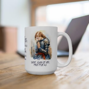 聖ジャンヌダルク コーヒーマグ、カトリック コーヒーマグ、クリスチャン コーヒーマグ、カトリック マグ、守護聖人、15 オンス