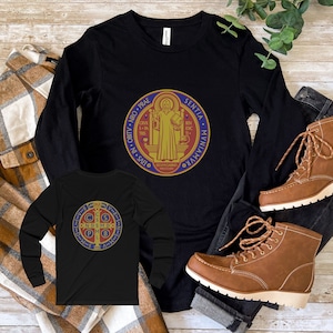 Saint Benedict Medal and Cross Graphic Unisex Tee, blue, red and gold front and back design