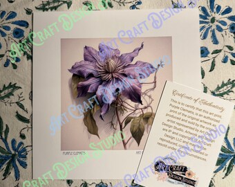 Purple Clematis unframed art print, available in multiple sizes, printed on ultra premium 60lb stock