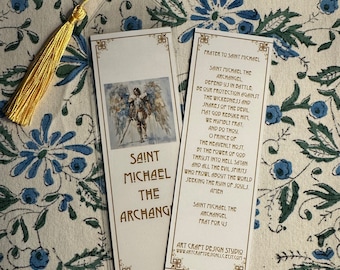 Saint Michael the Archangel, art print bookmark, approx 2x6 inch with optional protective clear plastic holder and coordinating silk tassel