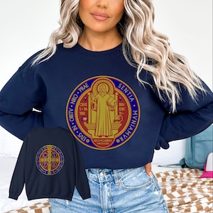 Saint Benedict sweatshirt with blue, red and gold front and back design, catholic sweatshirt, unisex long sleeve sweatshirt Gildan 18000