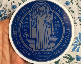 4 inch kiss cut Saint Benedict medal sticker, Cross of Saint Benedict, catholic sticker, blue and silver design, US Navy