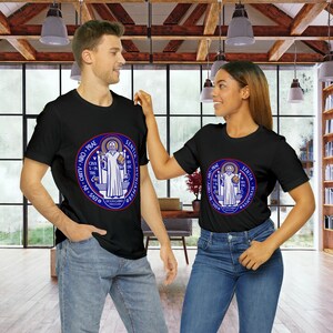 Saint Benedict tshirt, catholic t-shirt, Catholic Marine shirt, celebrate your faith with this unisex short sleeve Bella+Canvas 3001