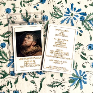 Saint Francis of Assisi art print holy card, ID card size 2.25 x 3.5 inch, two sided with quote on reverse side, optional lanyard case