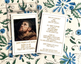 Saint Francis of Assisi art print holy card, ID card size 2.25 x 3.5 inch, two sided with quote on reverse side, optional lanyard case