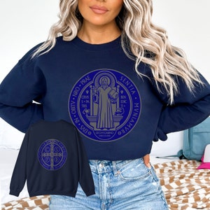 Saint Benedict sweatshirt with silver and blue front and back design, catholic sweatshirt, unisex long sleeve sweatshirt Gildan 18000