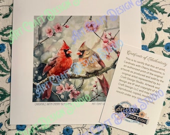 Watercolor Cardinals with Cherry Blossoms unframed art print, multiple sizes, love, printed on ultra premium studio matte 60lb stock