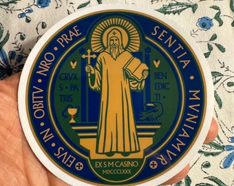 4 inch kiss cut Saint Benedict medal sticker, Cross of Saint Benedict, catholic sticker, green, blue and gold design, Notre Dame, US Army