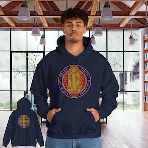 Saint Benedict Cross Catholic Hoodie with red and gold on blue sea design on front and back, Catholic Marine, USMC, Gildan 18500 Unisex