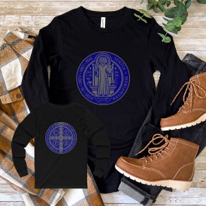 Saint Benedict Medal and Cross Graphic Tee with Silver on blue front and back design