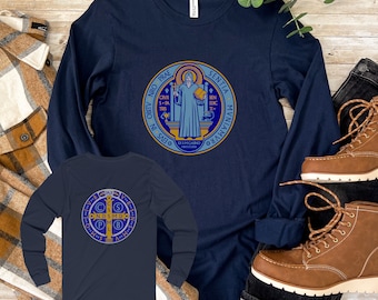 Saint Benedict Medal and Cross Graphic Tee, blue, silver and gold front and back design