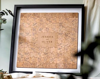 Guest book puzzle with names engraved in wood