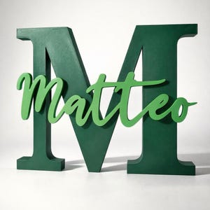 Puede incluir: Una gran letra "M" de madera verde oscuro con el nombre "Matteo" en una escritura verde más clara. El nombre está superpuesto a la letra. El fondo es blanco liso.