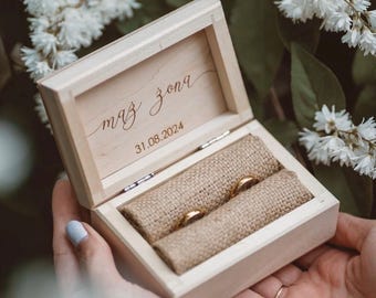 Natural wood ring holder with engraved names and date