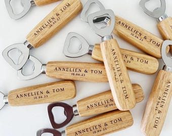 Personalized Wooden Bottle Openers, Set of 4, with Engraved Names and Wedding Date, Wedding Favors