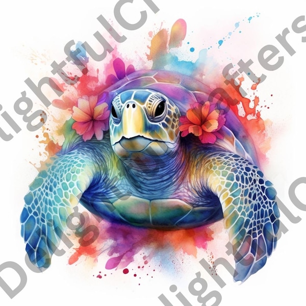 Floral Sea Turtle, 10 High Quality JPGs,  300DPI, Clip Art, Digital, Watercolor Painting, Commercial Use