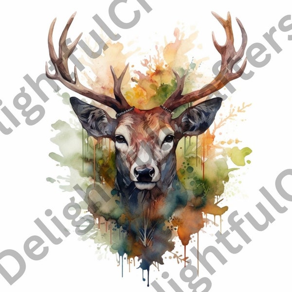 Floral Inkblot Deer Camo, 12 JPG de alta calidad, 300DPI, Clip Art, Digital, Pintura de acuarela, Uso comercial