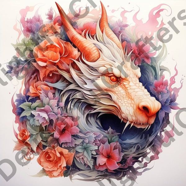 Floral Watercolor Dragon, 12 High Quality JPGs,  300DPI, Clip Art, Digital Painting, Commercial Use