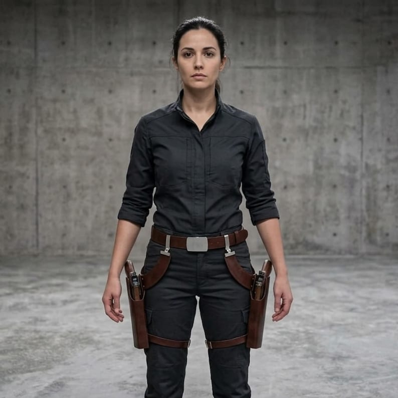Sabine Wren inspired Mandalorian dual thigh holster belt for Star Wars cosplay featuring brown leather style holsters with adjustable waist and leg straps.