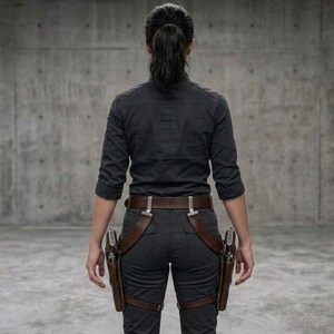 May include: A person wearing a black button-down shirt and dark gray pants, with a brown leather belt and two brown leather holsters, each holding a handgun. The person is facing away from the camera.