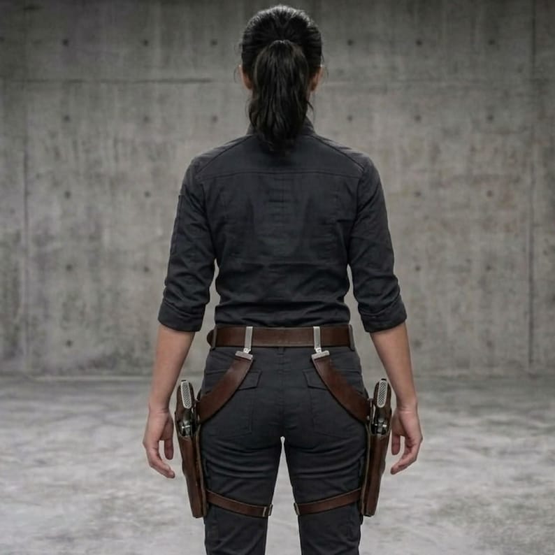 May include: A person wearing a black button-down shirt and dark gray pants, with a brown leather belt and two brown leather holsters, each holding a handgun. The person is facing away from the camera.