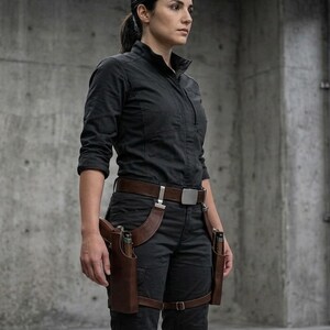 May include: A person wearing a black long-sleeve shirt and black pants, with a brown leather belt and holster. The holster holds a silver pistol. The person is standing in front of a concrete wall.