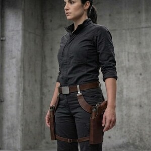 May include: A black utility shirt and pants with a brown leather belt and holster system. The holster system includes two brown leather gun holsters, one on each leg. The belt has a silver buckle.