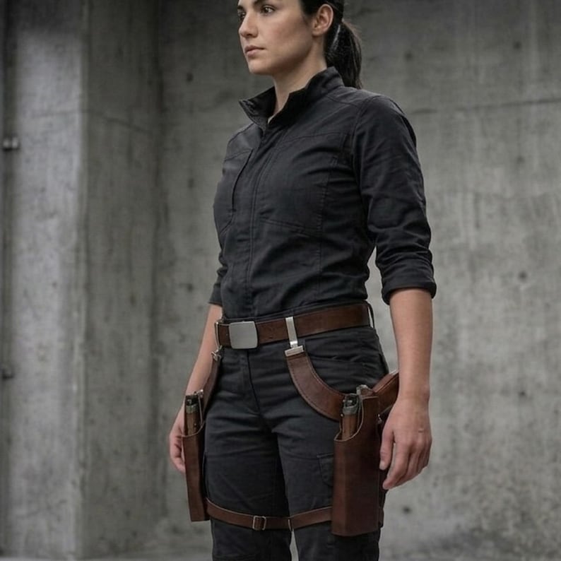 May include: A black utility shirt and pants with a brown leather belt and holster system. The holster system includes two brown leather gun holsters, one on each leg. The belt has a silver buckle.