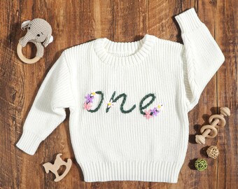 Custom Baby First Birthday Sweater, Birthday Gift,Hand Embroidered Sweater, Baby 1st Birthday Jumper,  Name Sweater,First Birthday Boy Girl