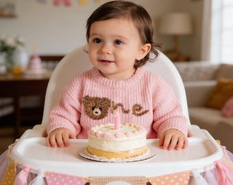 Personalised Pink Knit Beary First Birthday Baby Sweater, Baby 1st Birthday Jumper, Name Sweater