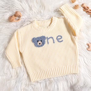 Personalised Blue Knit Bear First Birthday Baby Sweater, Hand Embroidered Birthday Sweater, Baby 1st Birthday Jumper, Nursery Gifts