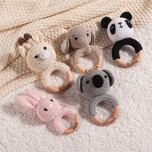 Crochet Toy Rattle for Babies, Personalized Baby Shower Gift, Wooden Rattle Ring for Newborn Gift, Gifts for Nephew Niece, Baby birth gifts