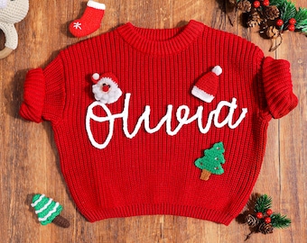 Custom Baby Christmas Sweater,Hand Embroidered Sweater Baby Name,Personalized Kids Name Jumper,Soft cotton Sweater,Newborn Christmas Gift