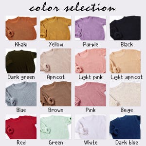 May include: A selection of ribbed knit sweaters in various colors, including khaki, yellow, purple, and black. The image also shows dark green, apricot, light pink, light apricot, blue, brown, pink, beige, red, green, white, and dark blue sweaters. Text reads "color selection."