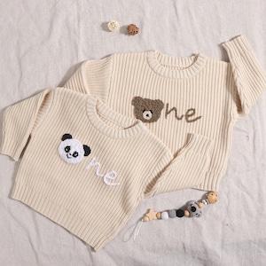 Personalised Cream Knit Bear First Birthday Baby Sweater, Hand Embroidered Birthday Sweater, Baby 1st Birthday Jumper