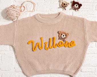Custom Baby Name Sweater with Teddy Bear, Embroidered Baby Sweatshirt, Personalized Baby Clothes, Baby Knit Sweater, Kids Jumper