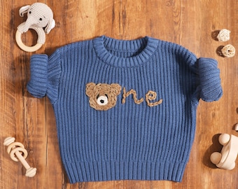 Personalised Cream Knit Beary First Birthday Baby Sweater, Baby 1st Birthday Jumper, Name Sweater