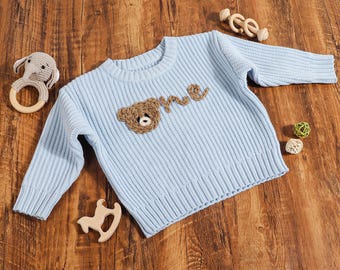 Personalized Baby First Birthday Sweater | Knit ‘ONE’ Jumper with a Bear for the O | Custom Name Gift for Baby Boy Girl