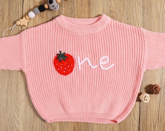 Personalized Baby Sweater, Knit Strawberry First Birthday Baby Sweater,  One Birthday, Hand Embroidered First Birthday Sweater, Baby Gifts