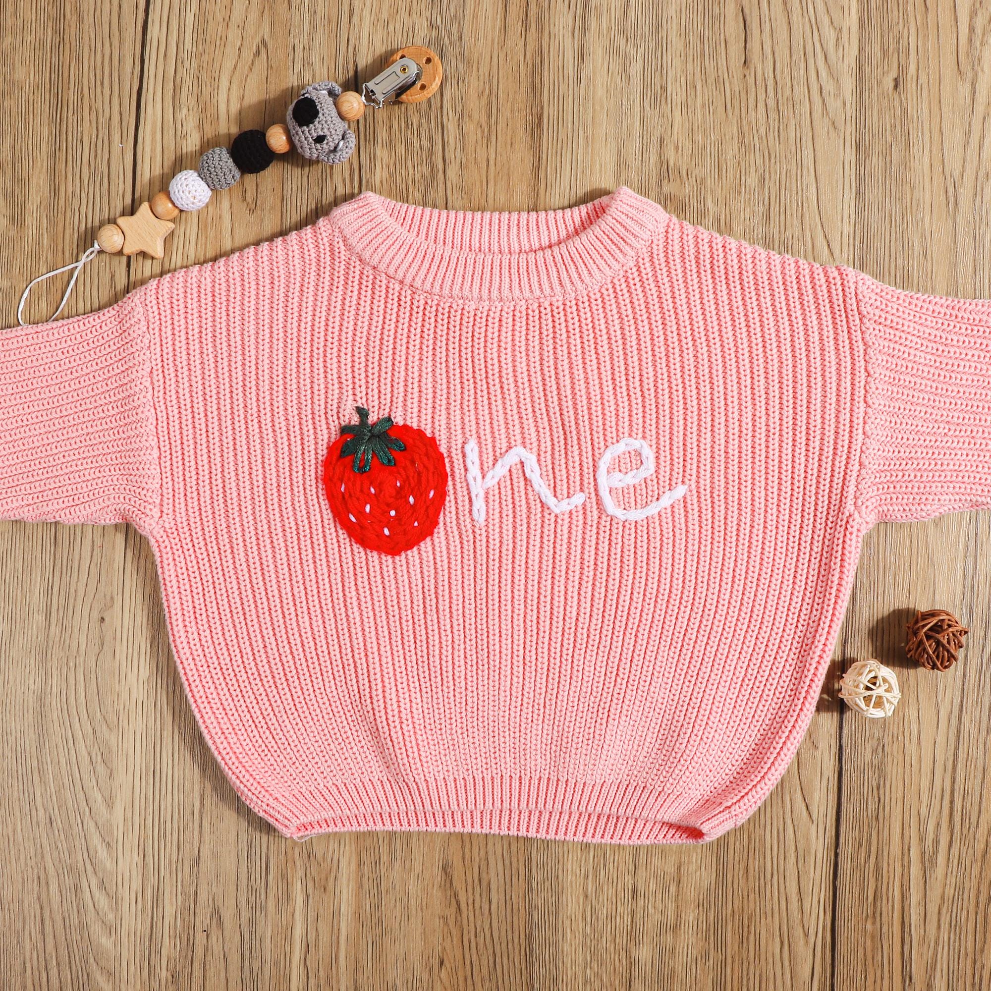 Personalized Baby Sweater, Knit Strawberry First Birthday Baby Sweater, One Birthday, Hand Embroidered First Birthday Sweater, Baby Gifts