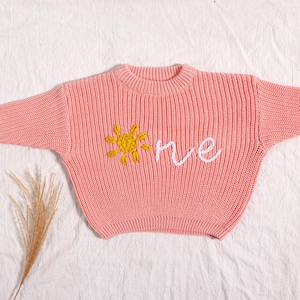 First Birthday Sweater, One Hand Embroidered Sweater, Custom Baby 1st Birthday, Personalized Sun knit baby sweater