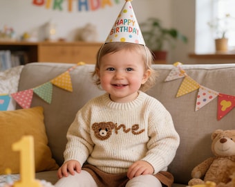Personalised Cream Knit Beary First Birthday Baby Sweater, Baby 1st Birthday Jumper, Name Sweater