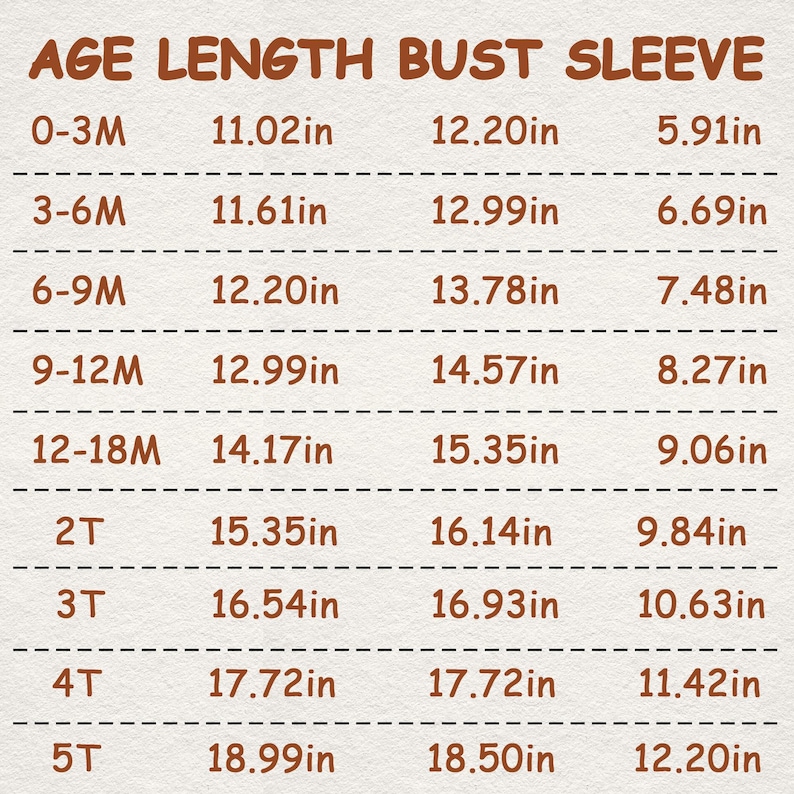 May include: A chart with the text "AGE LENGTH BUST SLEEVE" at the top. The chart lists age ranges from 0-3M to 5T, with corresponding measurements in inches for length, bust, and sleeve.