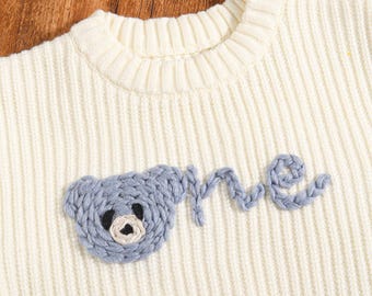 Personalised Cream Knit Beary First Birthday Baby Sweater, Baby 1st Birthday Jumper, Name Sweater