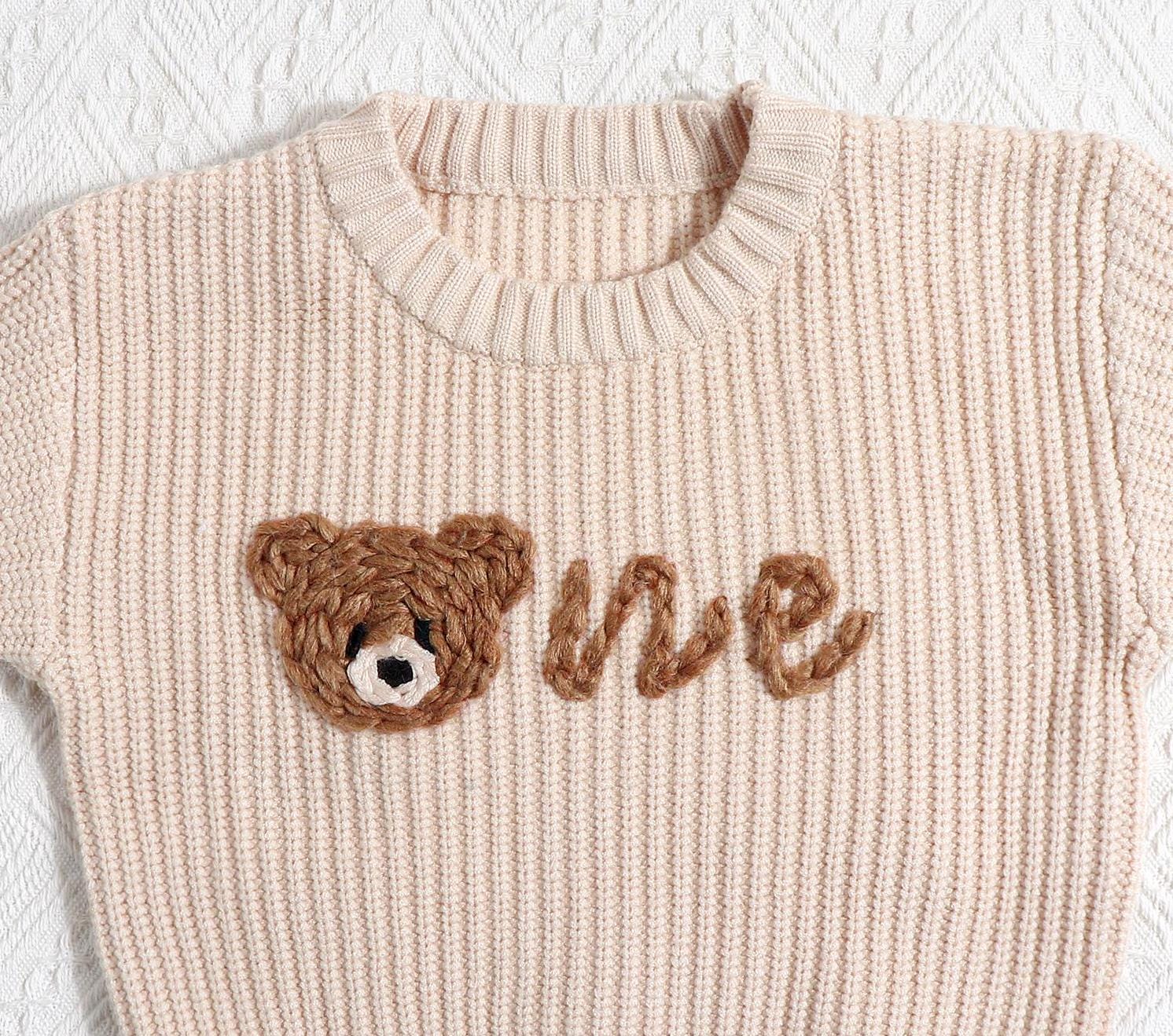 Personalised Cream Knit Beary First Birthday Baby Sweater, Baby 1st Birthday Jumper, Name Sweater